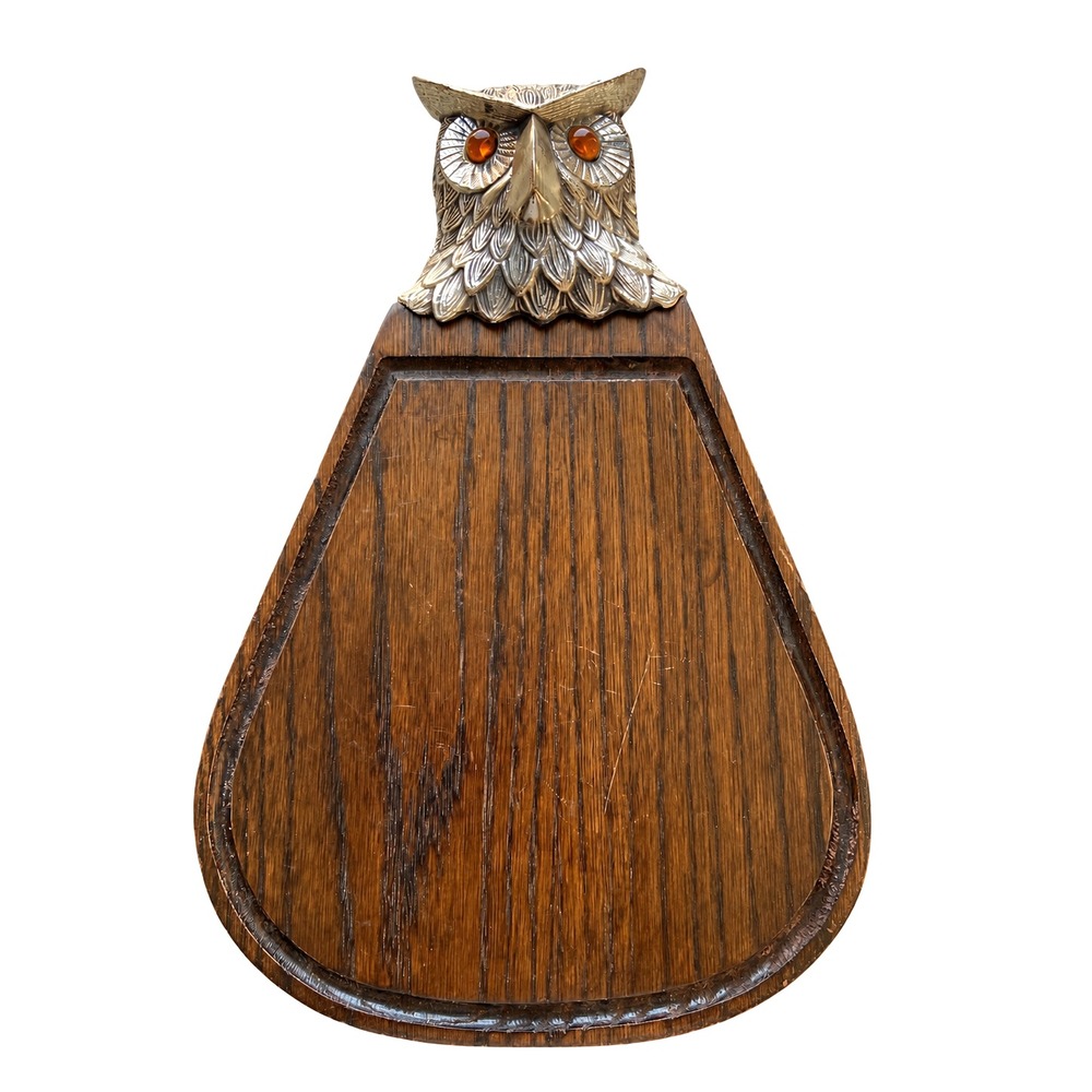 Vintage Ted Arnold LTD Owl Wood Cheese Board  Silver Metal MCM Decor Amber Eyes